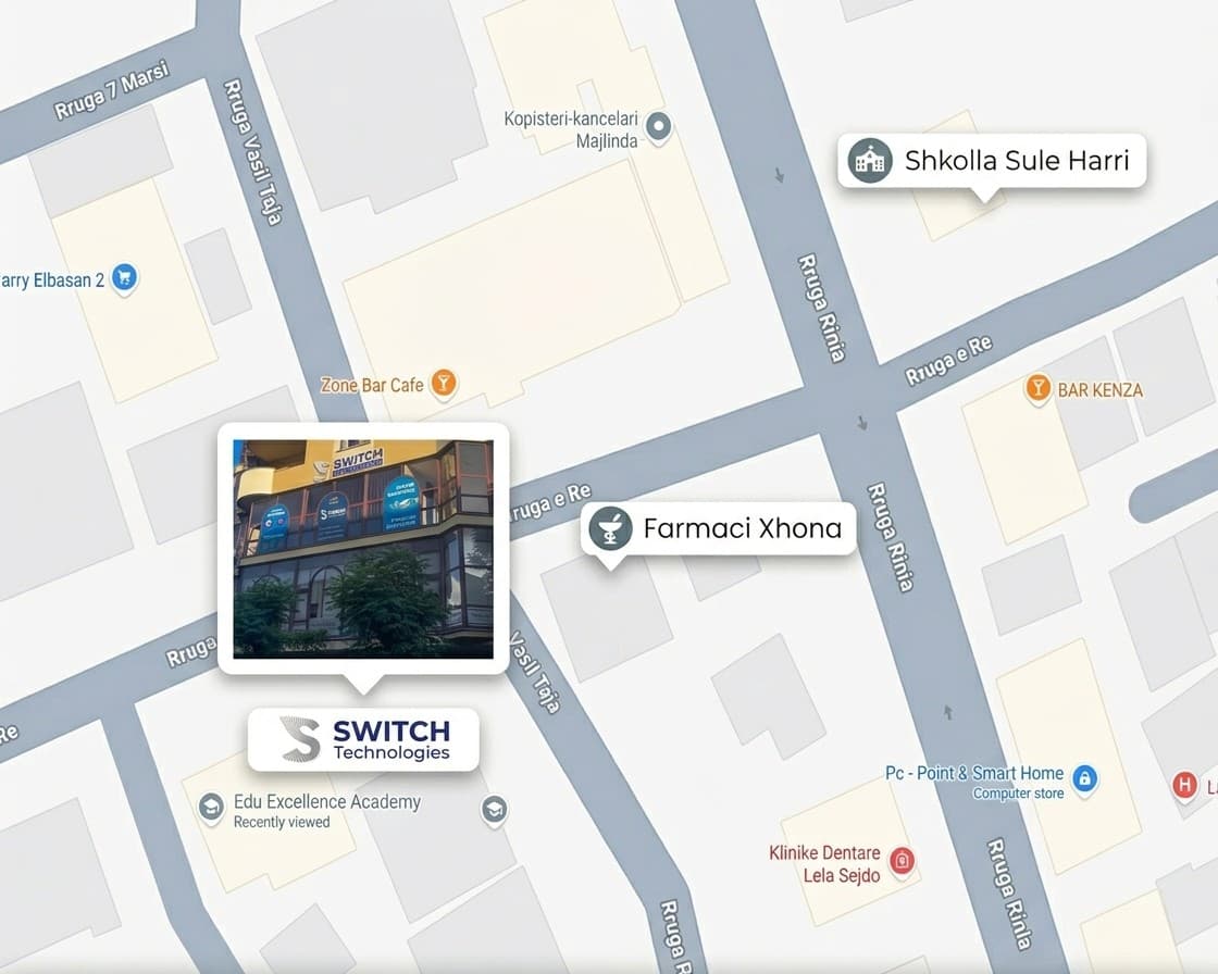 Vendndodhja e Switch Technologies Academy në hartën e Elbasanit, në Rrugën e Re, me një foto të ndërtesës së akademisë.